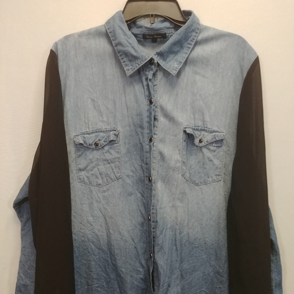 Chambray Long Sheer Sleeve Button Up